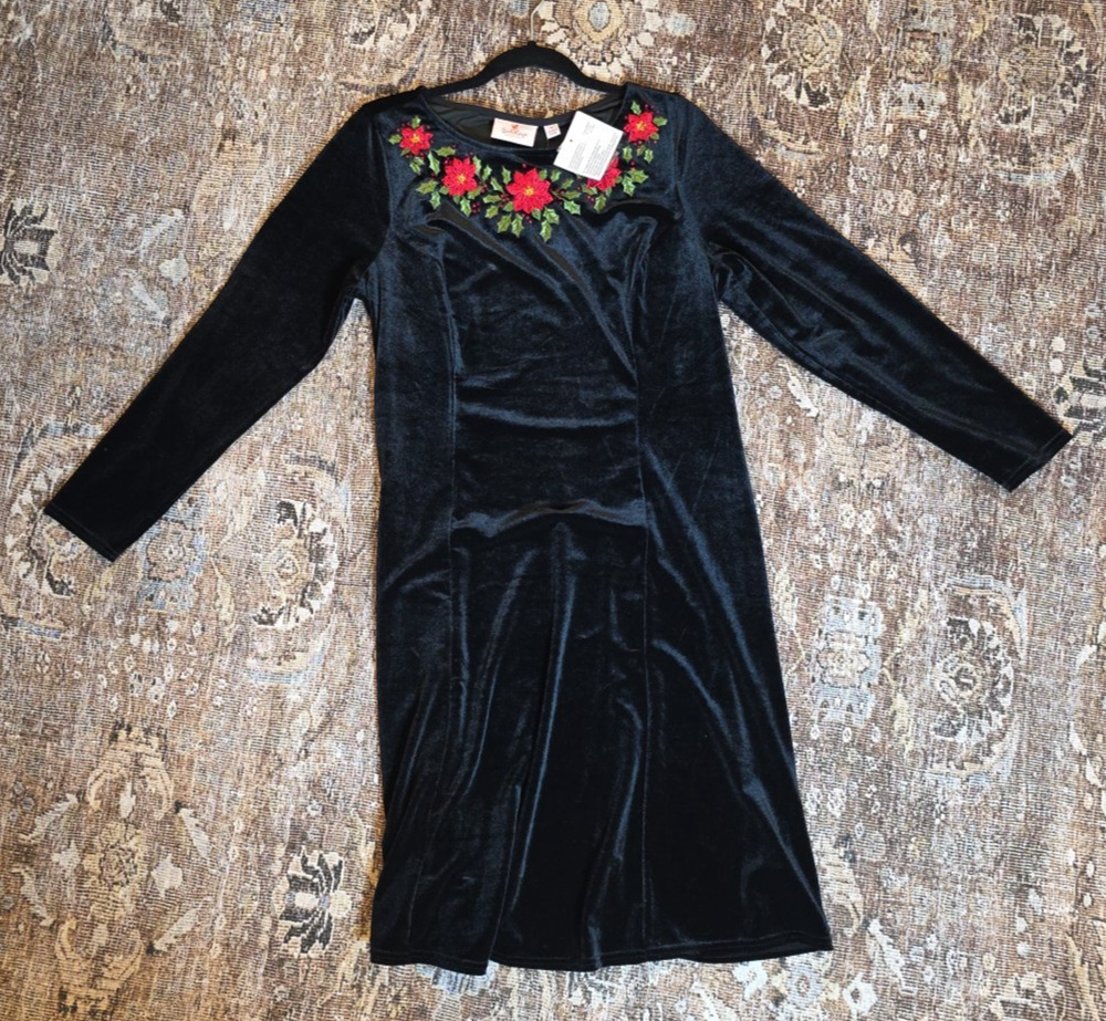 Quacker Factory Black Velvet Dress Red Poinsettias Christmas NWT M Holiday Party